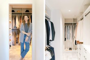 Jenni Kayne’s neutral wood grain finish walk in closet with custom shelving, drawers and shoe storage by California Closets