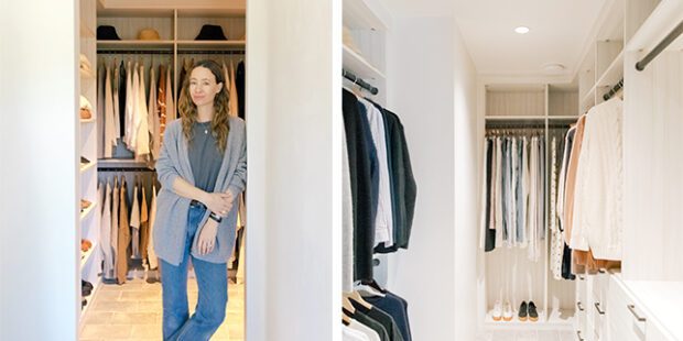 Jenni Kayne’s neutral wood grain finish walk in closet with custom shelving, drawers and shoe storage by California Closets