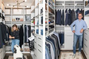 Washington DC walk in closets for Rachel Rosenthal and her husband were created with organization in mind in white wood grain finish by California Closets