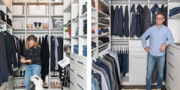 Washington DC walk in closets for Rachel Rosenthal and her husband were created with organization in mind in white wood grain finish by California Closets