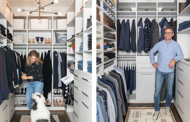 Washington DC walk in closets for Rachel Rosenthal and her husband were created with organization in mind in white wood grain finish by California Closets