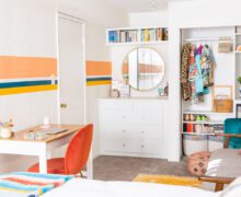 Kids bedroom and closet design with bright colors and built in storage cabinets by California Closets