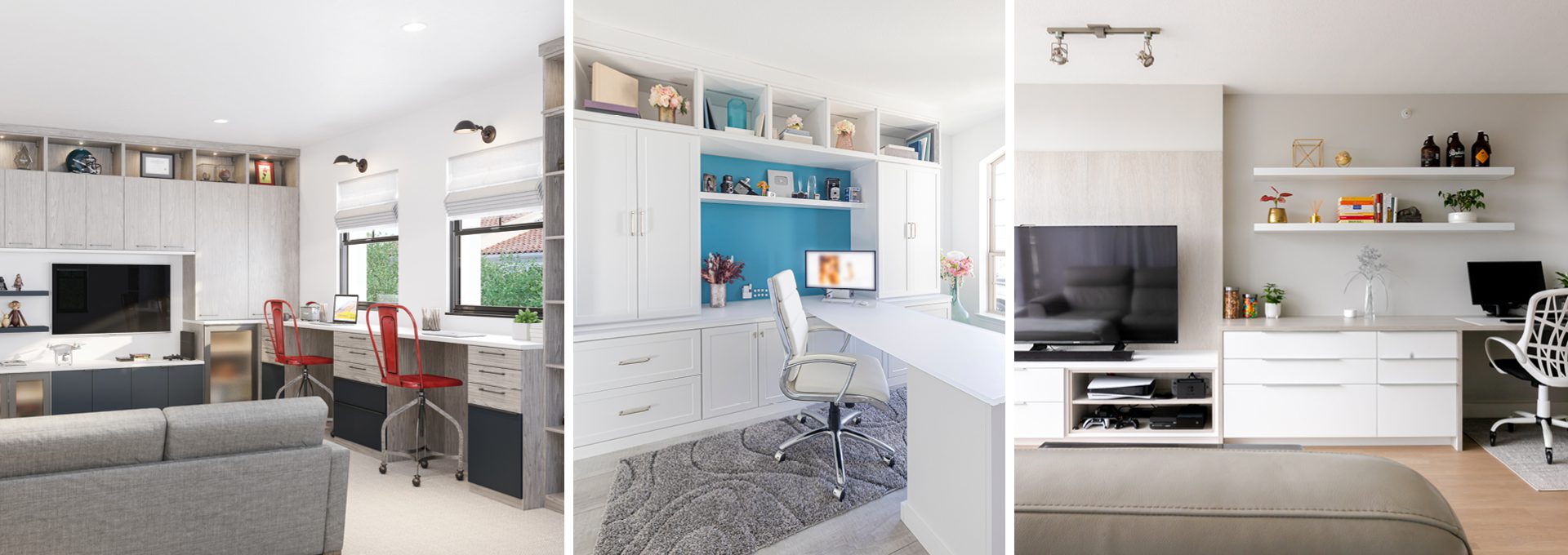 Live work and play with custom built rooms solutions that include entertainment centers, workstations and playroom features, designed by California Closets