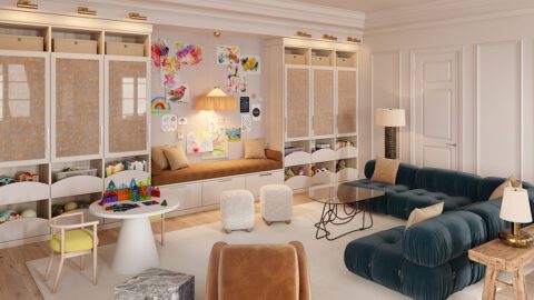 Jeremiah Brent’s vision for creating a playroom within a lovely family space with custom cabinets and drawers for toys created for California Closets