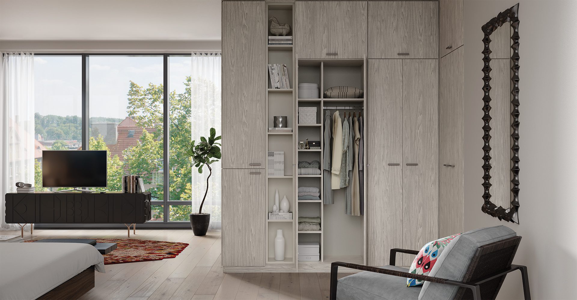 Light grey wood grain wardrobe closet with floor to ceiling custom storage cabinet and open shelving designed and created by California Closets