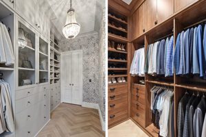 Dual walk in closet design for his and hers wardrobes in light and dark wood grain finishes by Califoria Closets