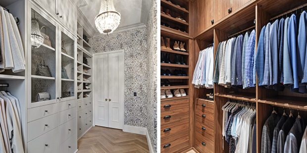 Dual walk in closet design for his and hers wardrobes in light and dark wood grain finishes by California Closets