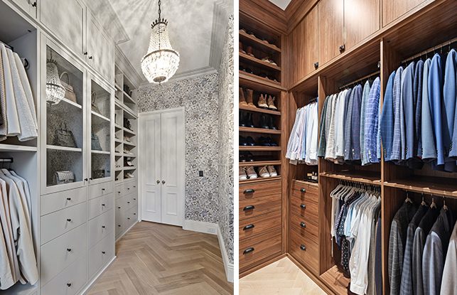 Dual walk in closet design for his and hers wardrobes in light and dark wood grain finishes by Califoria Closets