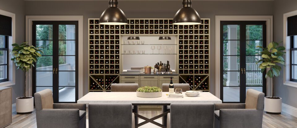 Bar de vinos en el comedor con estantes de vidrio, cubículos para vinos, estantes para copas e iluminación por California Closets