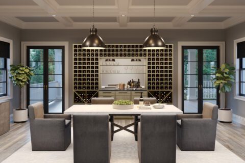 Wine bar in dining room with glass shelves, wine cubbies, stemware racks and lighting by California Closets