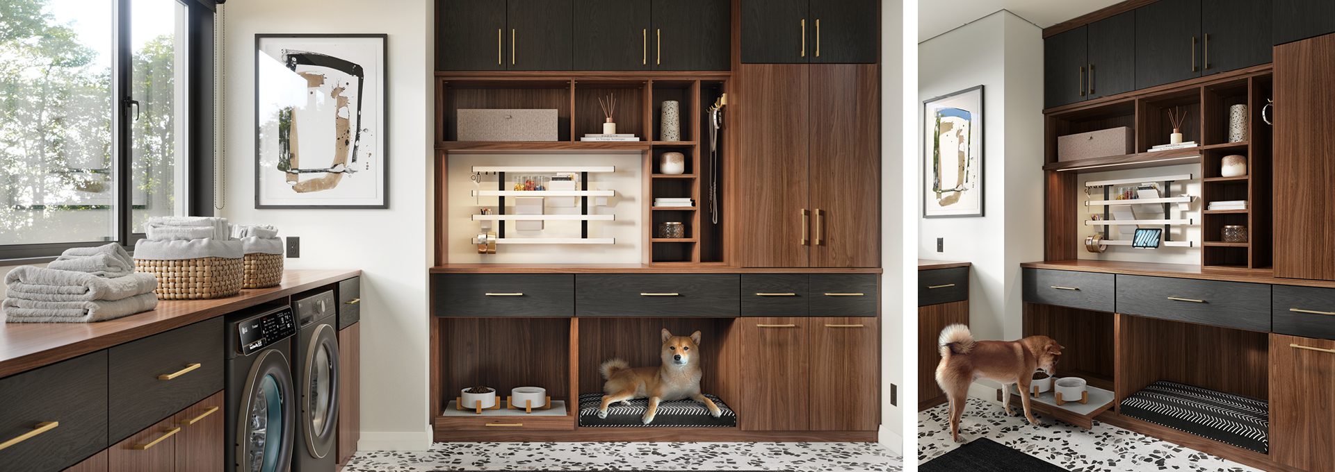 Laundry room design solutions with storage cabinets, shelves and drawers in dark finishes created by California Closets Portland